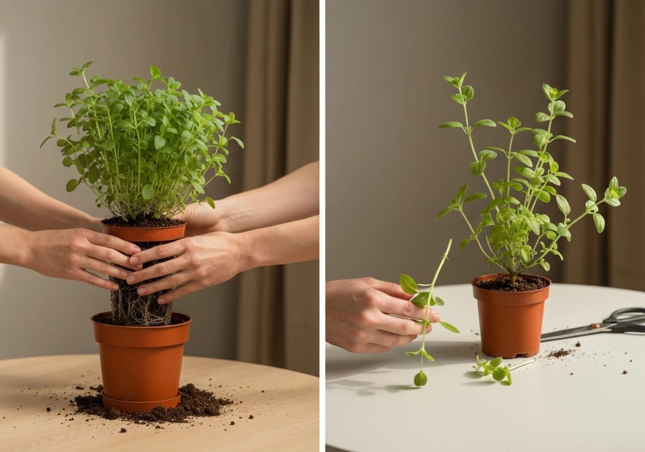 Left: repotting a mature herb plant. Right: preparing a stem cutting for propagation.