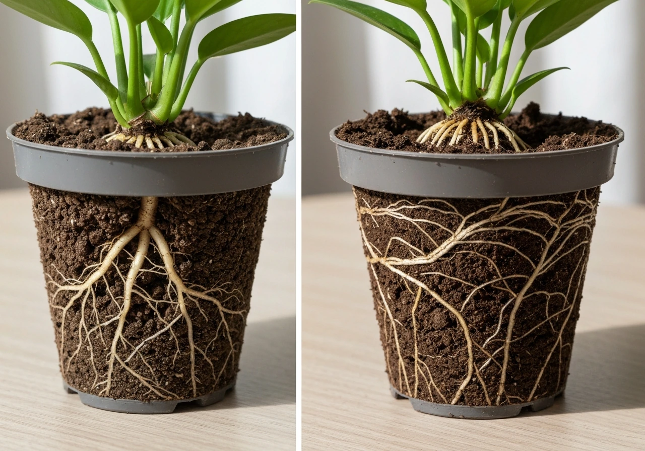 Close-up of healthy rooted plant in pot beside a second pot showing a root-bound, poorly timed repot.