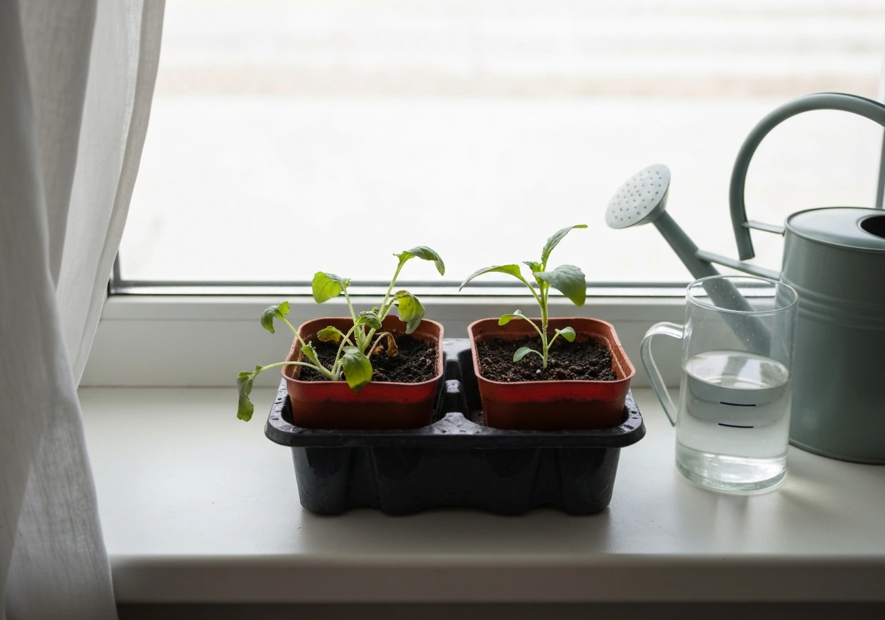 Two small potted seedlings: one mildly wilted and one healthier, with a simple watering can and watering setup nearby.