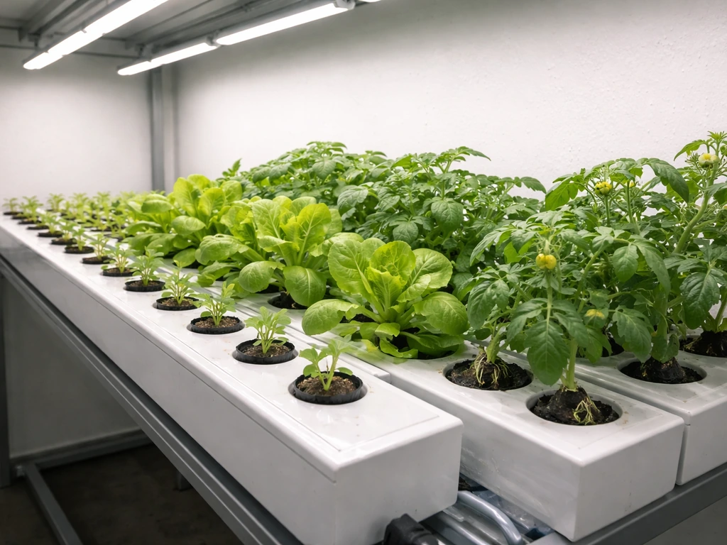 Hydroponic grow racks showing seedlings, leafy growth, and flowering/fruiting plants in one frame