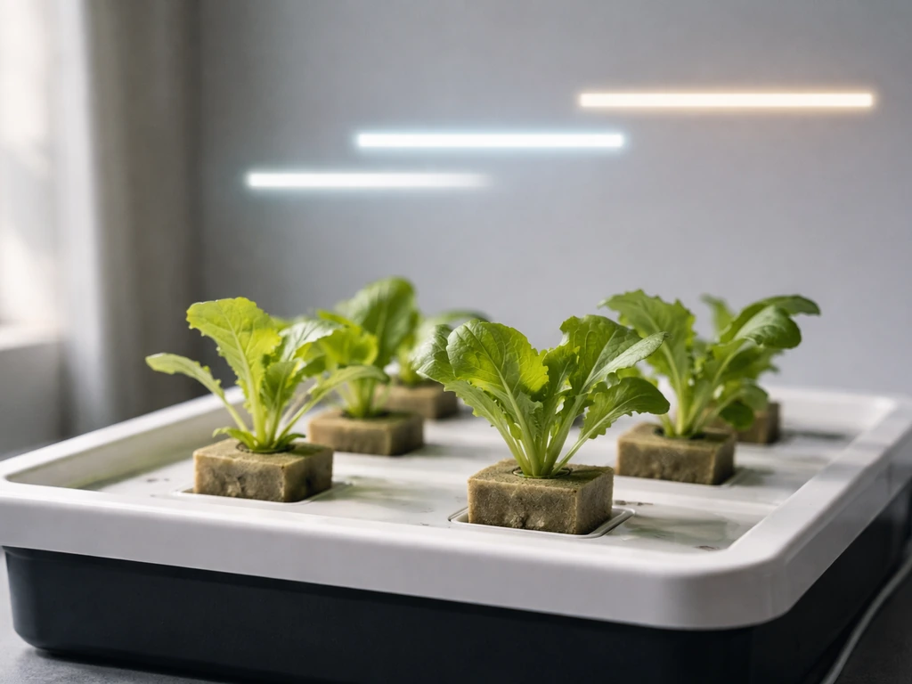 Minimal hydroponic grow table with three labeled-free stage timeline bars made of light beams