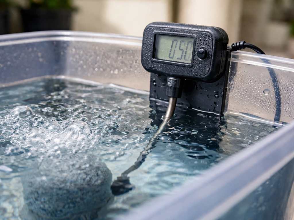Close-up of a hydroponic tank with a temperature probe and rising air bubbles from an aeration stone.