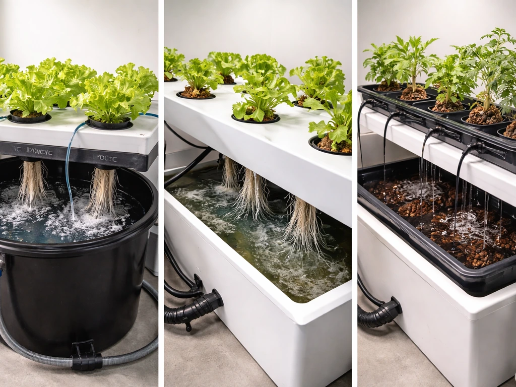 Three hydroponic setups side-by-side: DWC/RDWC air stones, NFT channel, and drip lines over clean trays.