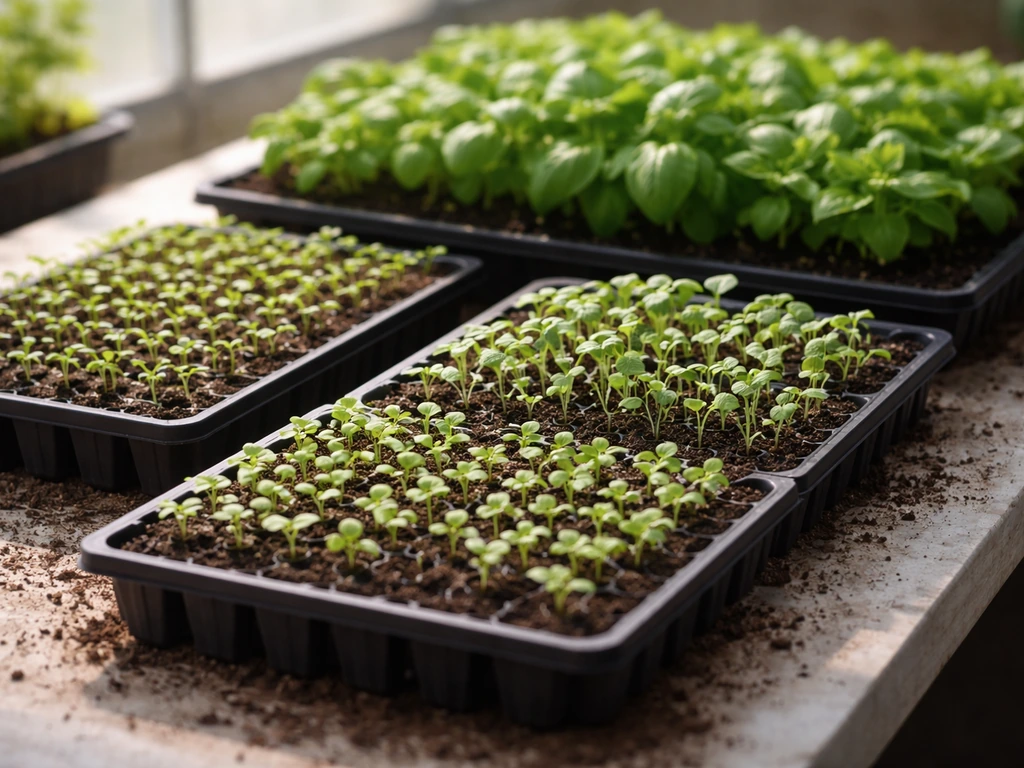 Greenhouse tray with leafy greens and herbs at three growth stages—seedlings to larger leafy plants