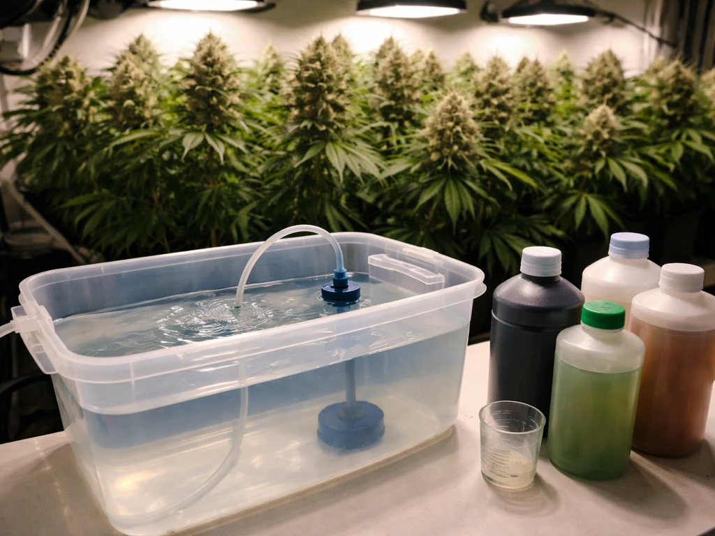 Overhead view of a tidy indoor grow setup with nutrient reservoir, feeding bottles, and a healthy flowering canopy under