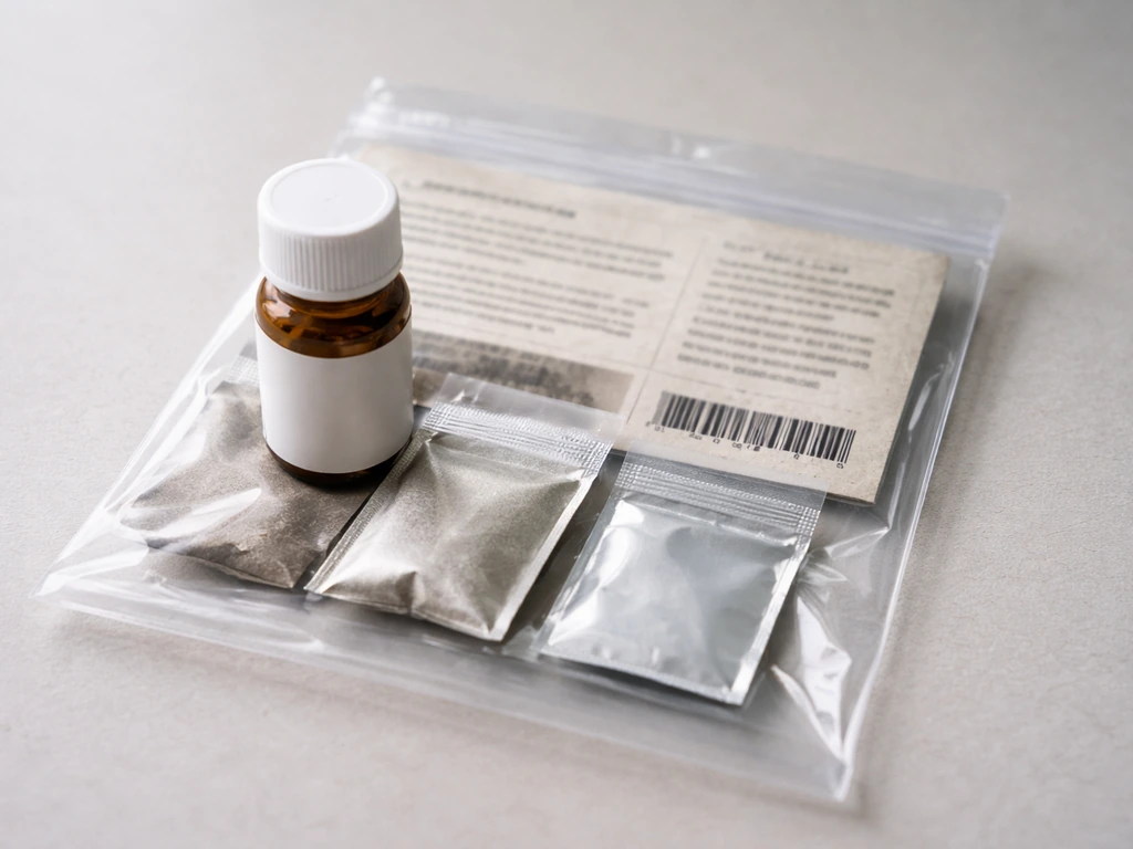 Close-up of a small grow kit and label area on a tabletop, with readable text blurred out.