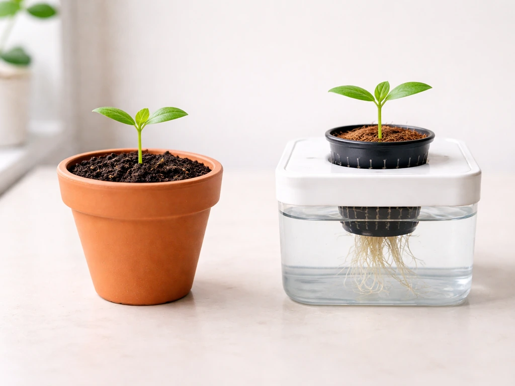 Split view of simple soil plant pot and hydroponic net-pot with coco roots in clear reservoir