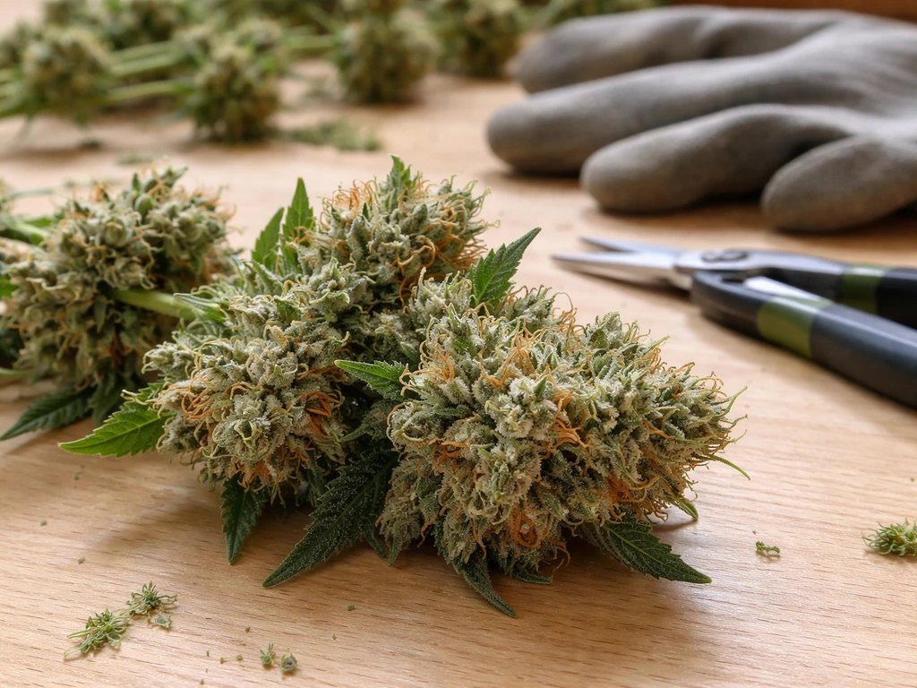 Close-up of trichome-detailed buds with trimming scissors on a wooden table, softly blurred drying branches