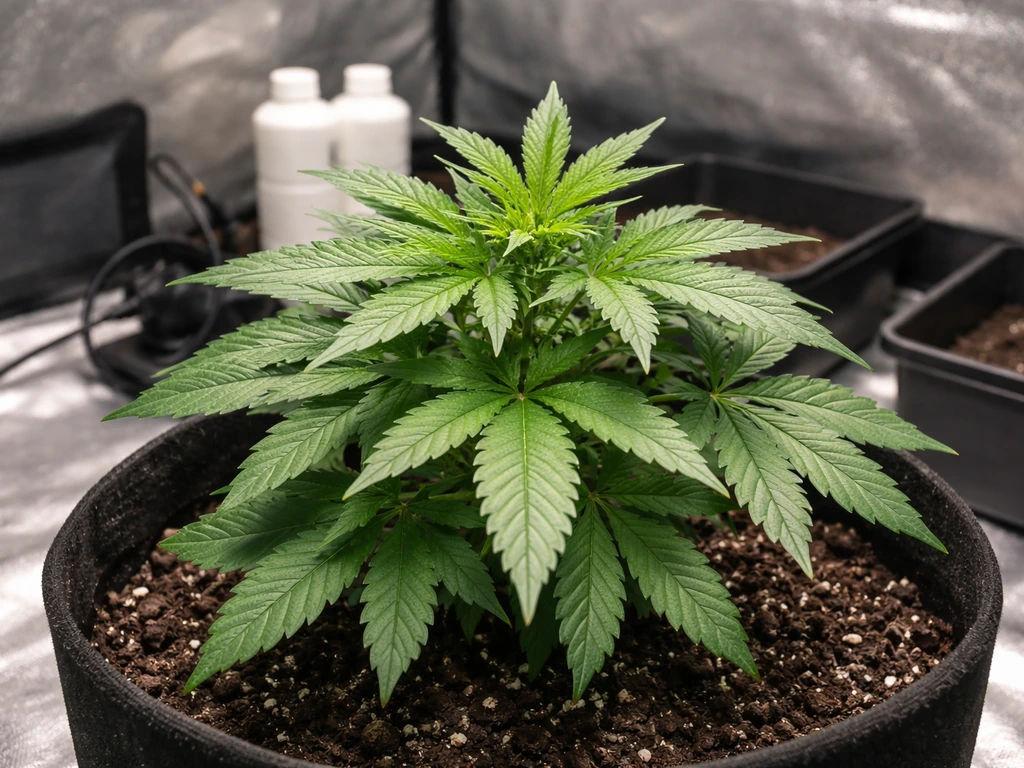 Healthy cannabis plant in a grow tent with nutrient supplies and feeding setup in the background