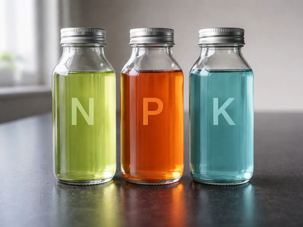 Close-up of three cannabis nutrient bottles arranged neatly with N, P, and K symbols on front labels