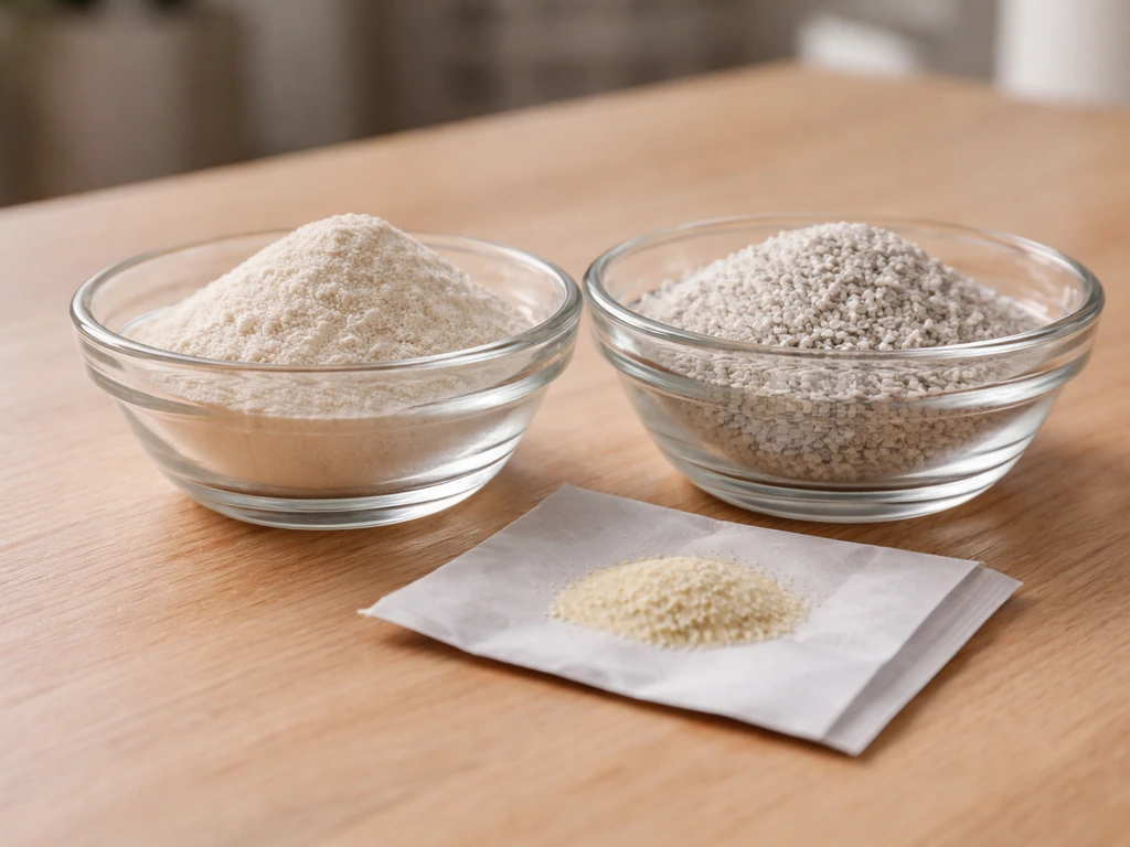 Close-up of two bowls of calcium and magnesium granules with a small sulfur granule sachet on a wood table.