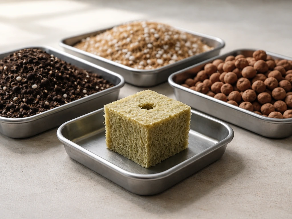 Soil mix, coco/perlite, rockwool cube, and clay pebbles arranged in a tidy toolkit-style layout.