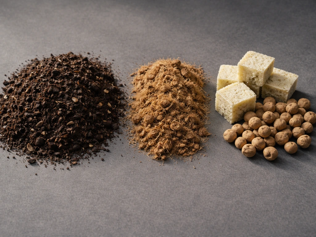 Three grow media types—soil, coco/peat, and hydro media—laid side-by-side showing distinct textures.