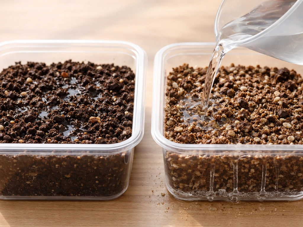 Close-up of two clear containers with soil media showing water runoff and aerated texture differences.