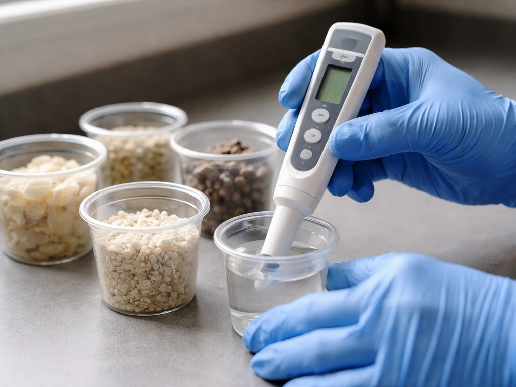 Gloved hands using a digital pH/EC meter over sample cups with different inert media.