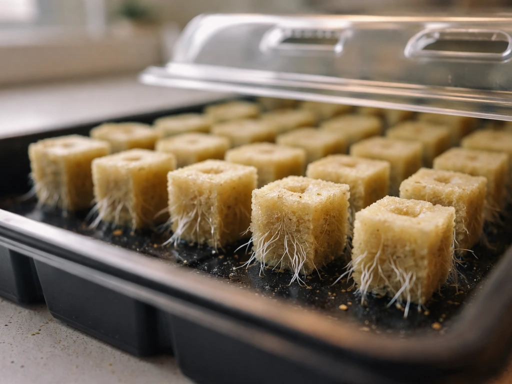 Close-up of a propagation tray with tiny plant cuttings in fine rockwool-like medium, roots just forming