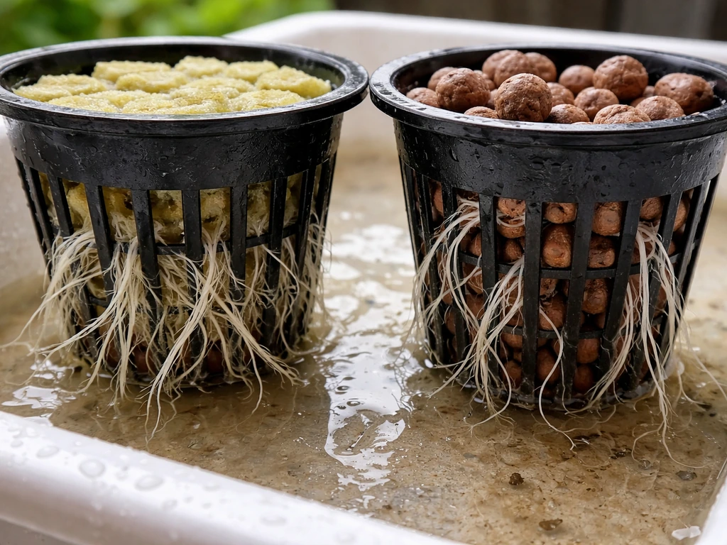Close-up of a hydroponic net pot showing rockwool fibers and clay pebbles with roots.