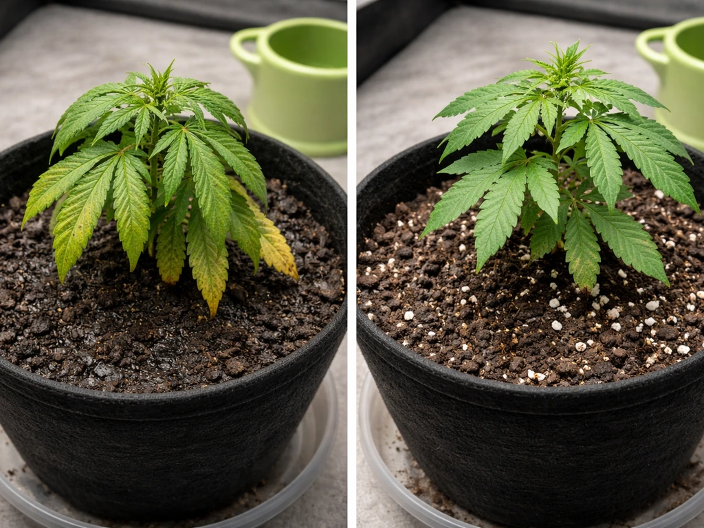 Drooping yellowing potted plant beside corrected, drier aerated media with improved leaf posture