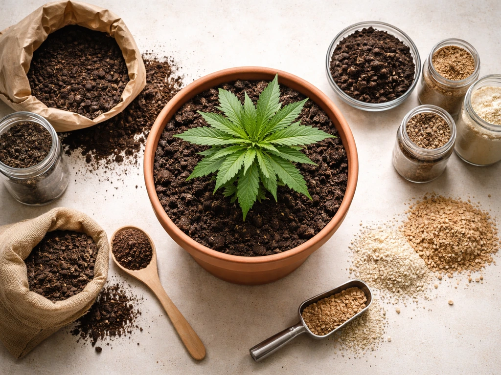 Top-down indoor living-soil plant with worm castings, compost, and dry organic amendments arranged around it.