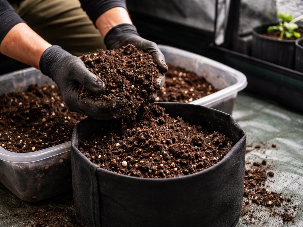 Anonymous hands mixing and filling a living indoor soil foundation for indoor nutrient performance