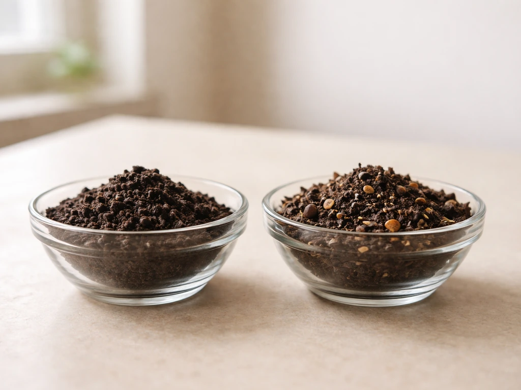 Two small containers of dark worm castings and homemade compost, side by side on a clean indoor grow surface.