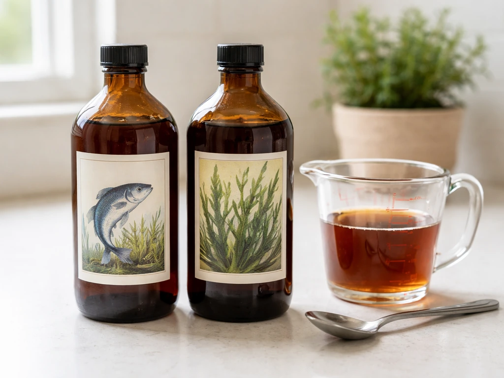 Organic liquid fertilizer bottles and a glass measuring cup with amber liquid in a bright, minimal kitchen scene.