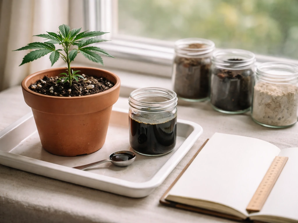 Indoor potted plant on a windowsill with unlabeled soil supplement jars and a blank notebook on a tray.