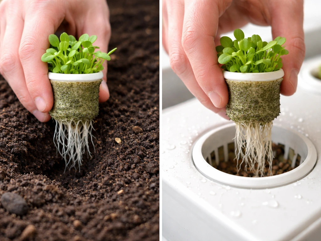 Close-up of a Click & Grow pod being gently transplanted into soil and hydroponic net cup split view