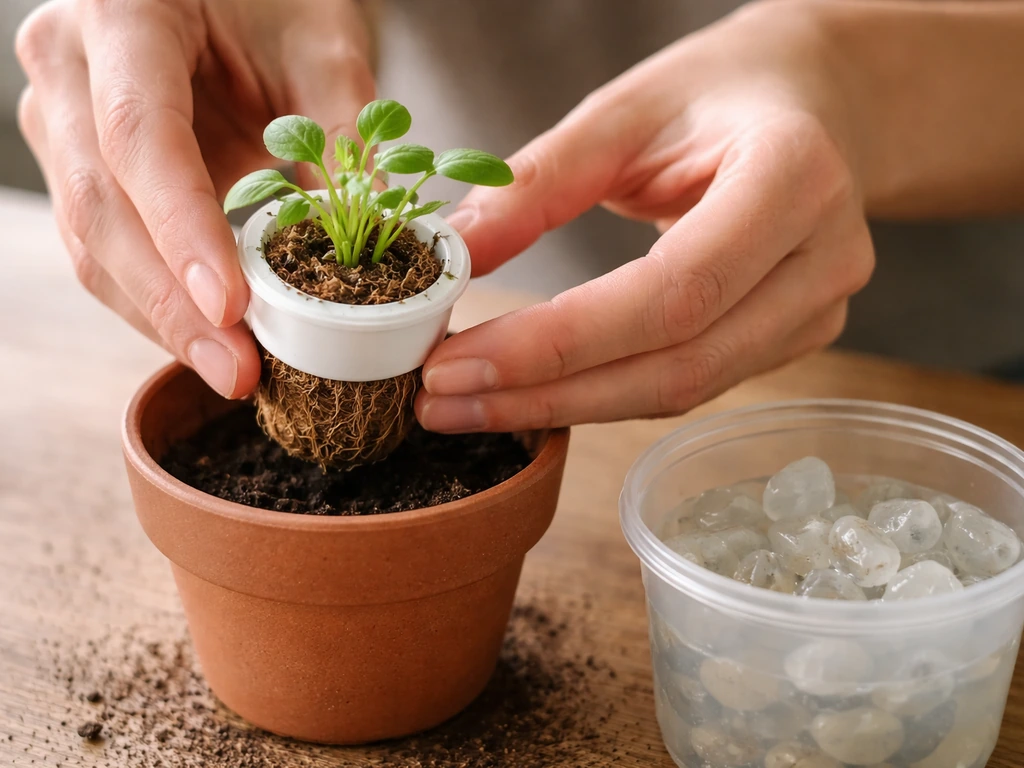 Close-up of a hand lifting a Click & Grow seed pod into a small soil pot setup