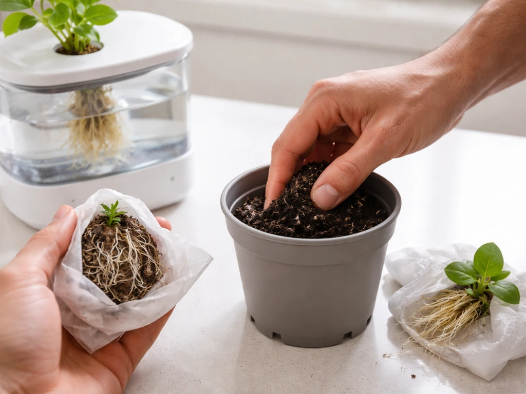 Hands preparing a damp root ball for transplant beside a drainage pot and a small hydroponic pod.