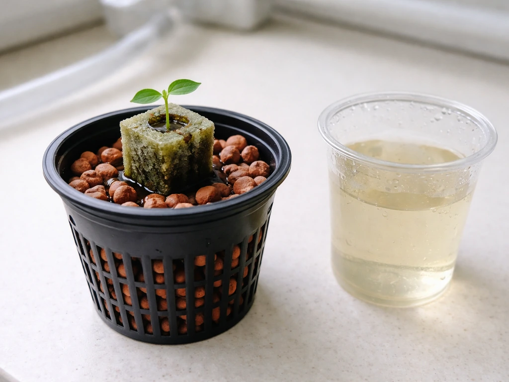 Closeup of a hydroponic net pot with clay pebbles and a pod being placed, nutrient solution ready nearby.