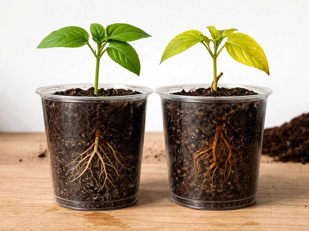 Two seedlings in clear pots: one healthy green, the other with brown slimy rotten roots and yellow leaves.