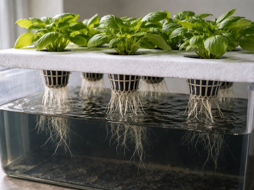 Leafy greens growing in a hydroponic system with net pots and roots over a nutrient reservoir.