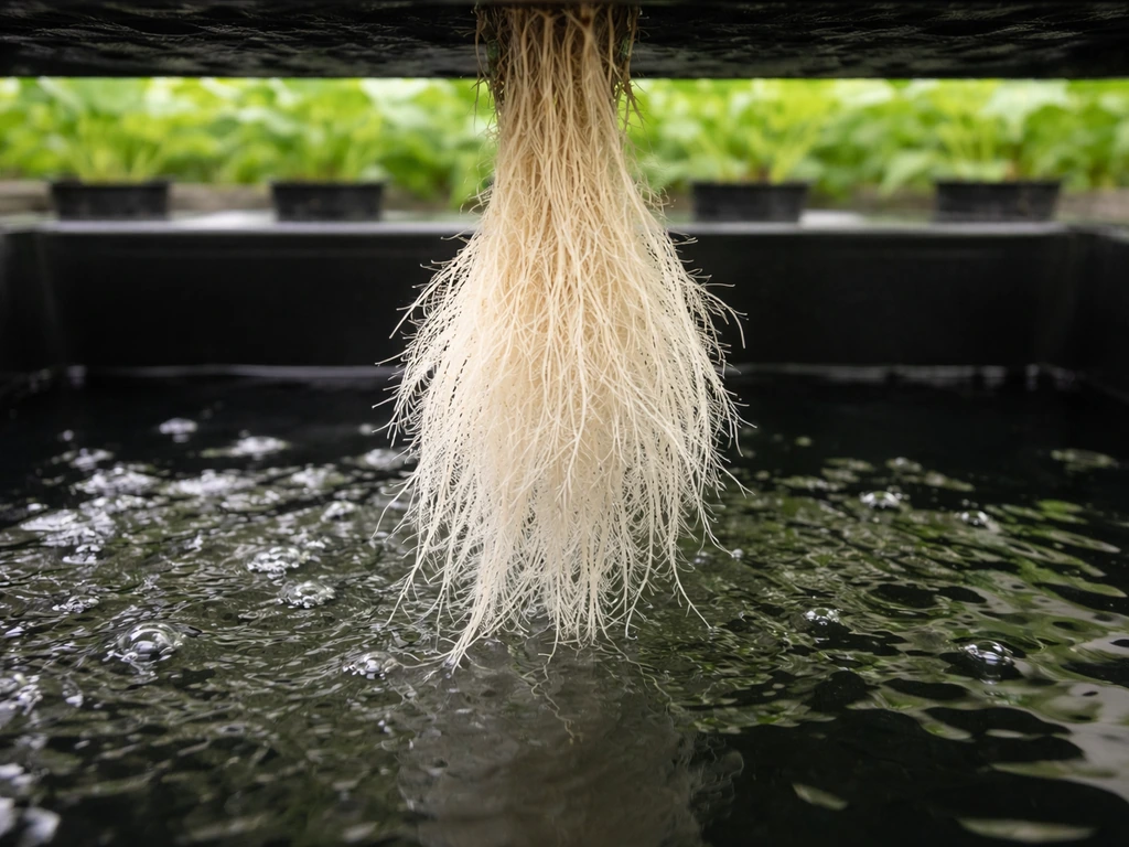 Close-up of healthy hydroponic roots in clear nutrient solution with crisp green canopy in soft focus.