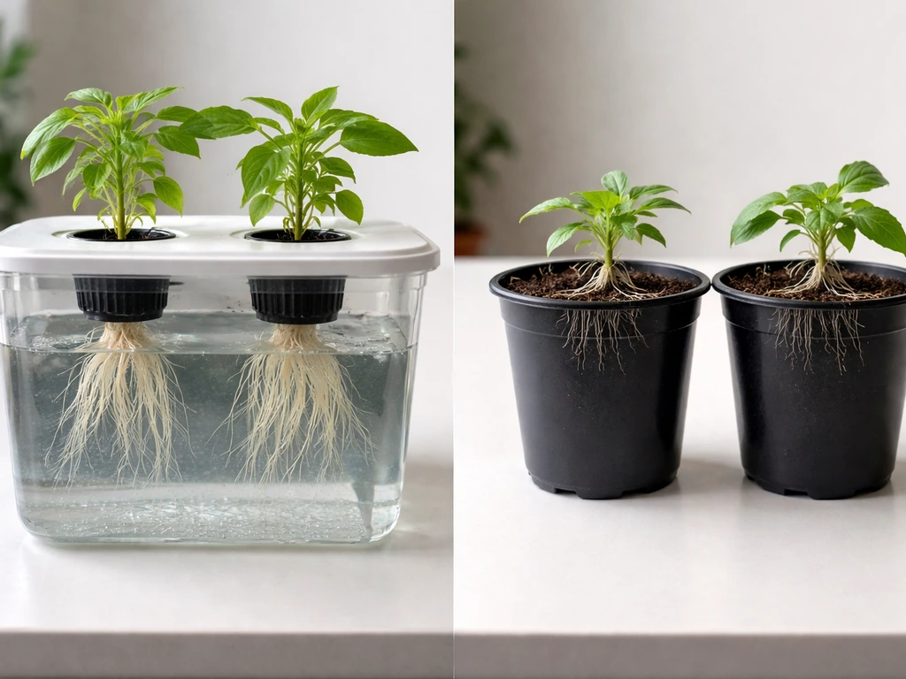 Minimal side-by-side hydroponic DWC tank with white roots and soil pots showing dark soil and roots.