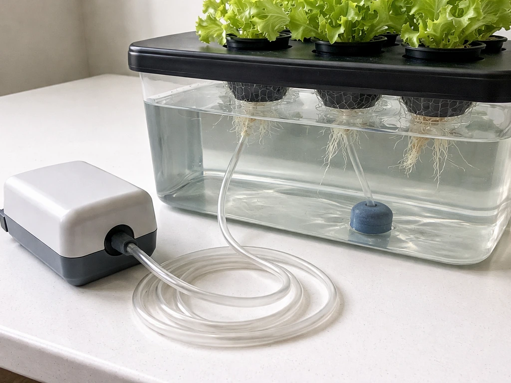 Unplugged hydroponic air pump and submerged air stone with no bubbles in a quiet reservoir.