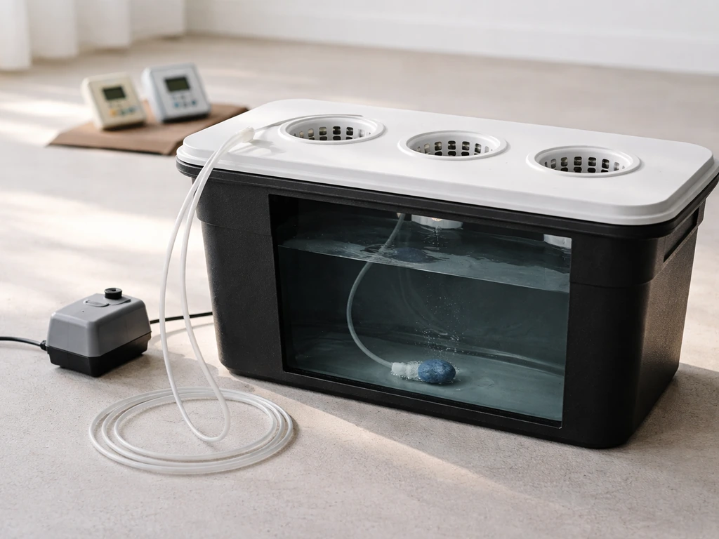 Minimal hydroponic DWC setup with opaque reservoir, net pots, air pump tubing, air stone, and ready meters.