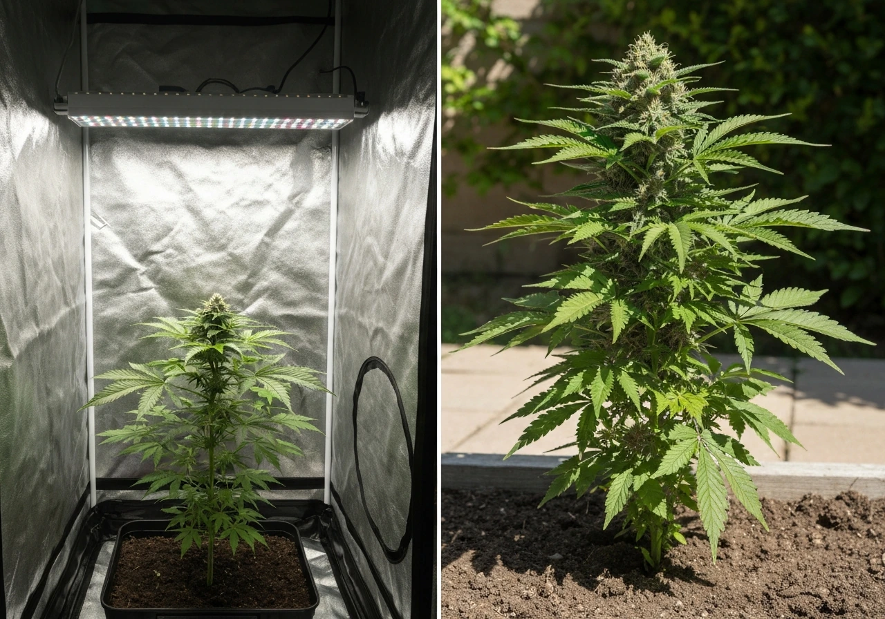 Two anonymous autoflower plants side-by-side: indoor under LED vs outdoor in sun, showing different canopy height