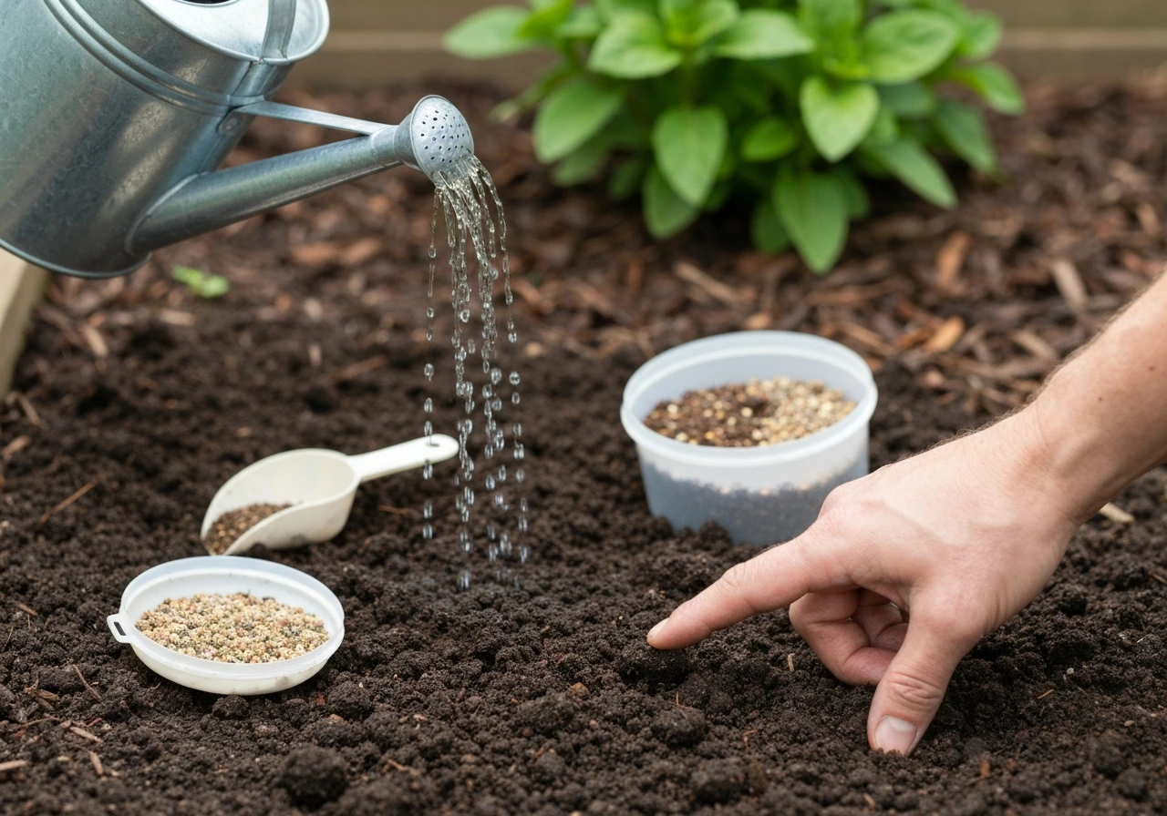 Hand watering garden soil with a watering can; nutrient mix container nearby