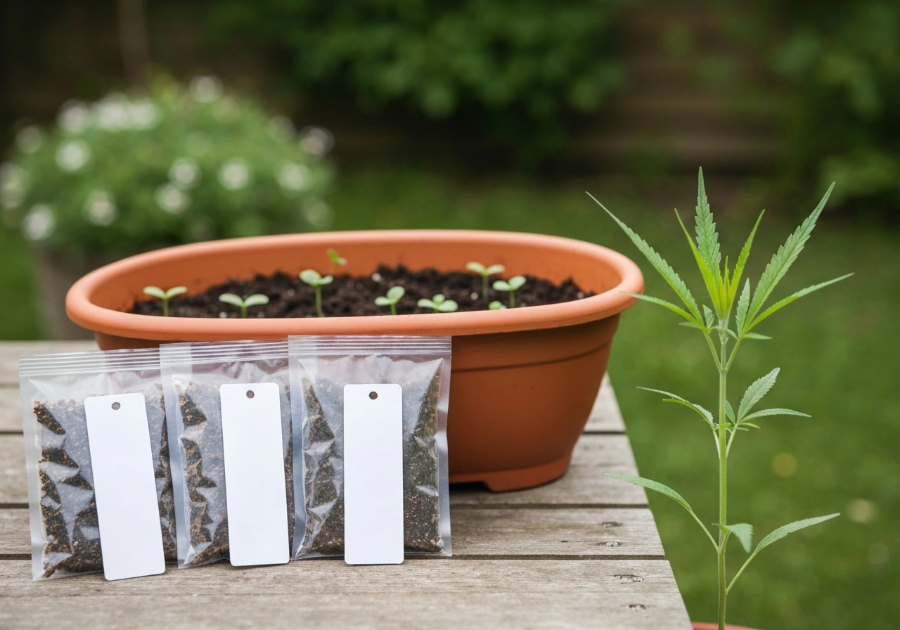 Close-up of cannabis seed packets and plant tags on a garden potting table outdoors