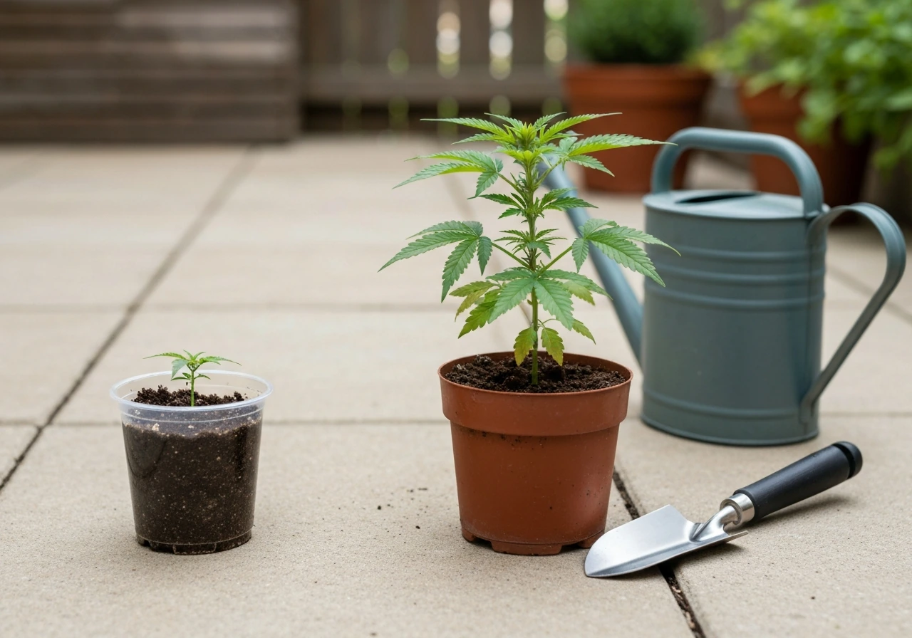 Stunted small potted autoflower beside a healthier plant on a patio, showing an outdoor growth fix setup
