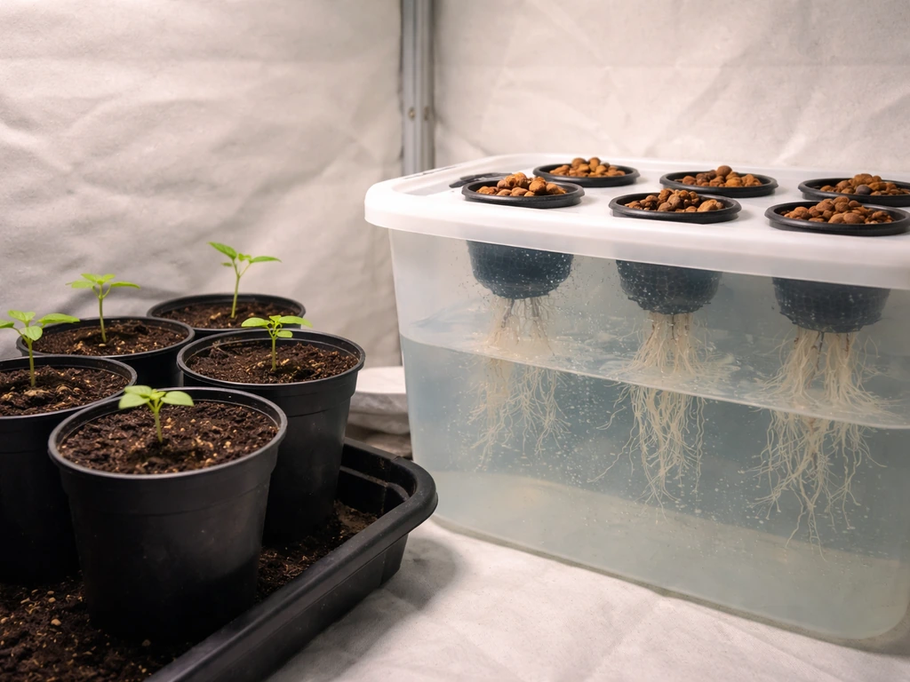 Minimal indoor grow setup showing soil pots beside a hydro reservoir with net pots, contrasting nutrient delivery.