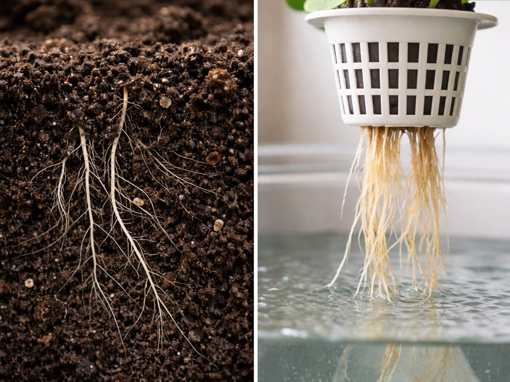 Split close-up: dark living soil roots on one side, hydro roots over a nutrient reservoir on the other.