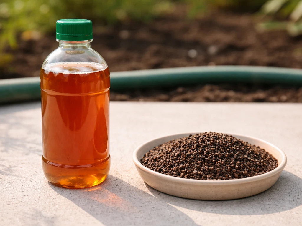 Organic liquid fertilizer bottle beside dry fertilizer granules in a garden context.