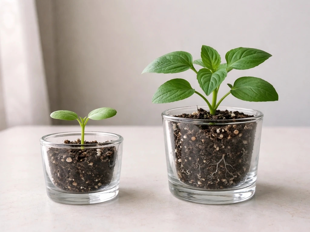 Side-by-side young pale seedlings versus fuller green vegetative plants in simple containers.