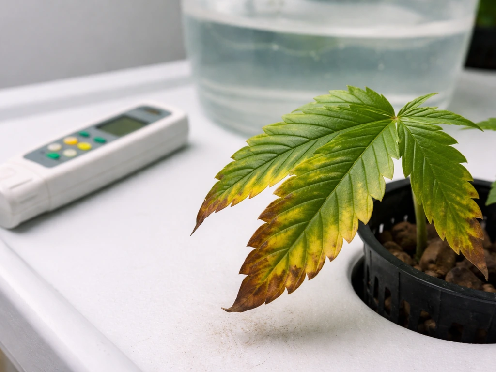Close-up of a yellowing hydroponic leaf with a pH/EC meter and reservoir nearby for diagnosis.