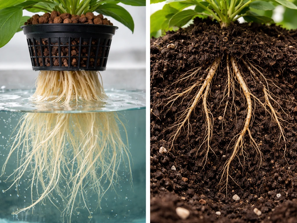 Close-up contrast of hydroponic roots in oxygenated solution vs soil roots in dark soil.