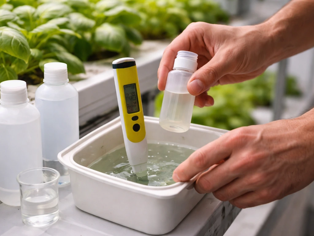 Hands testing and adjusting hydroponic nutrient solution pH over a reservoir with grow plants nearby.