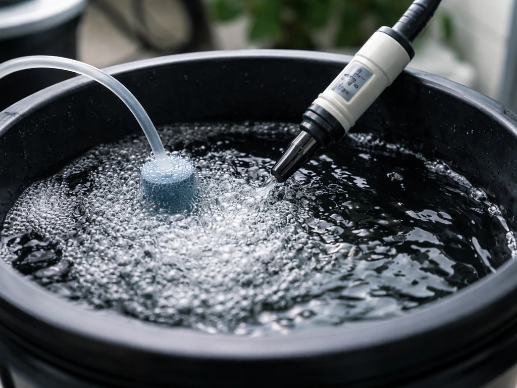 Bubbling air stone in a DWC bucket with a dissolved oxygen probe held nearby