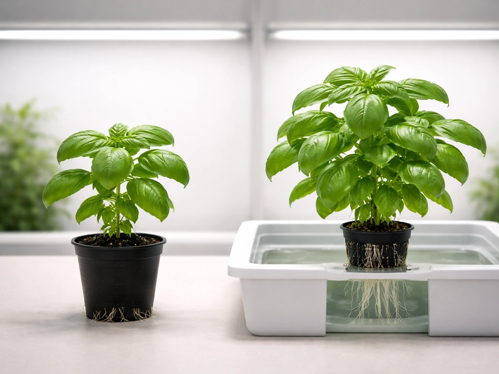 Side-by-side leafy greens: one in soil, one in a hydroponic system, with hydroponics slightly more grown.